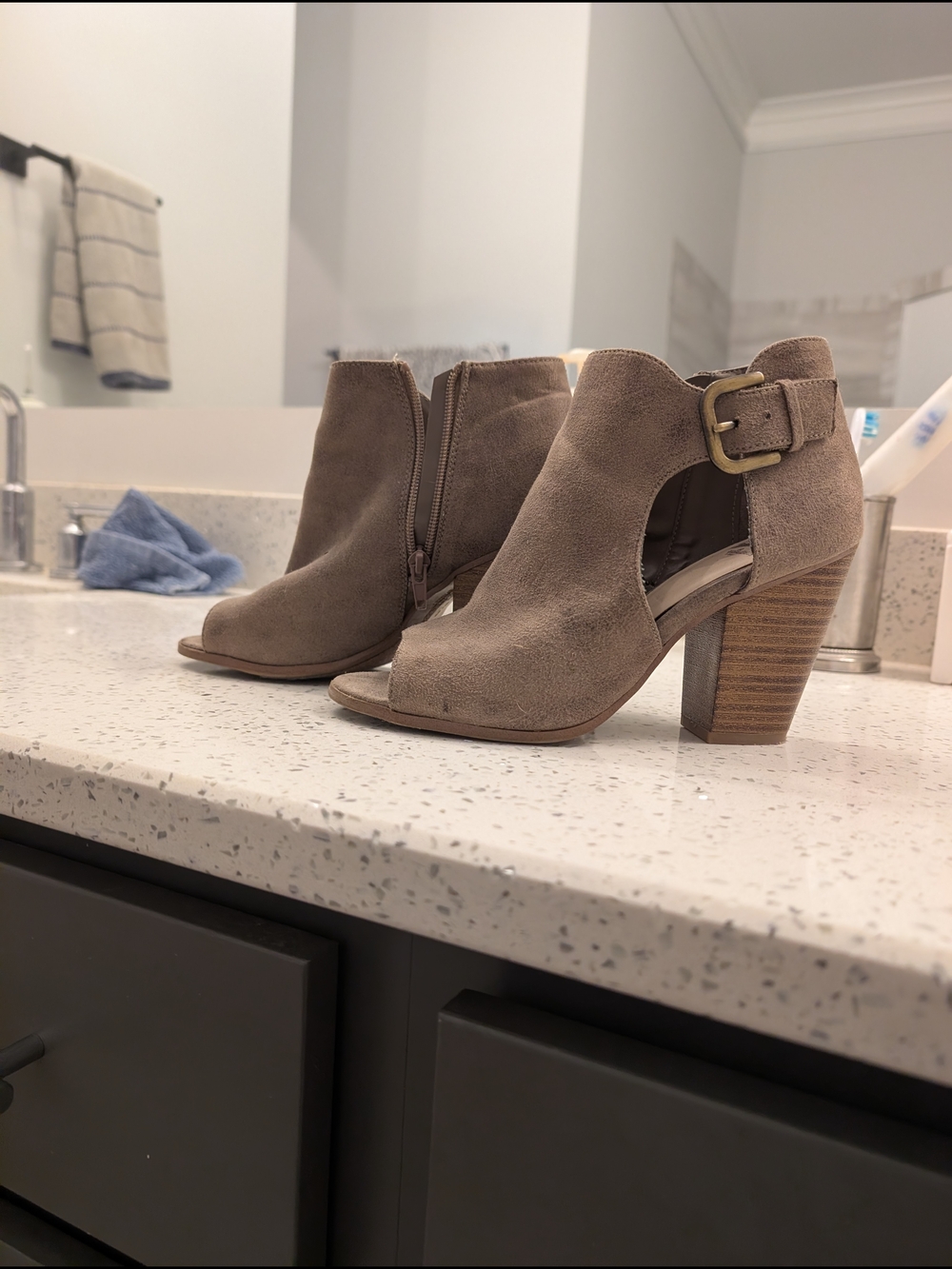 Taupe Suede Open-Toe Ankle Booties with Buckle